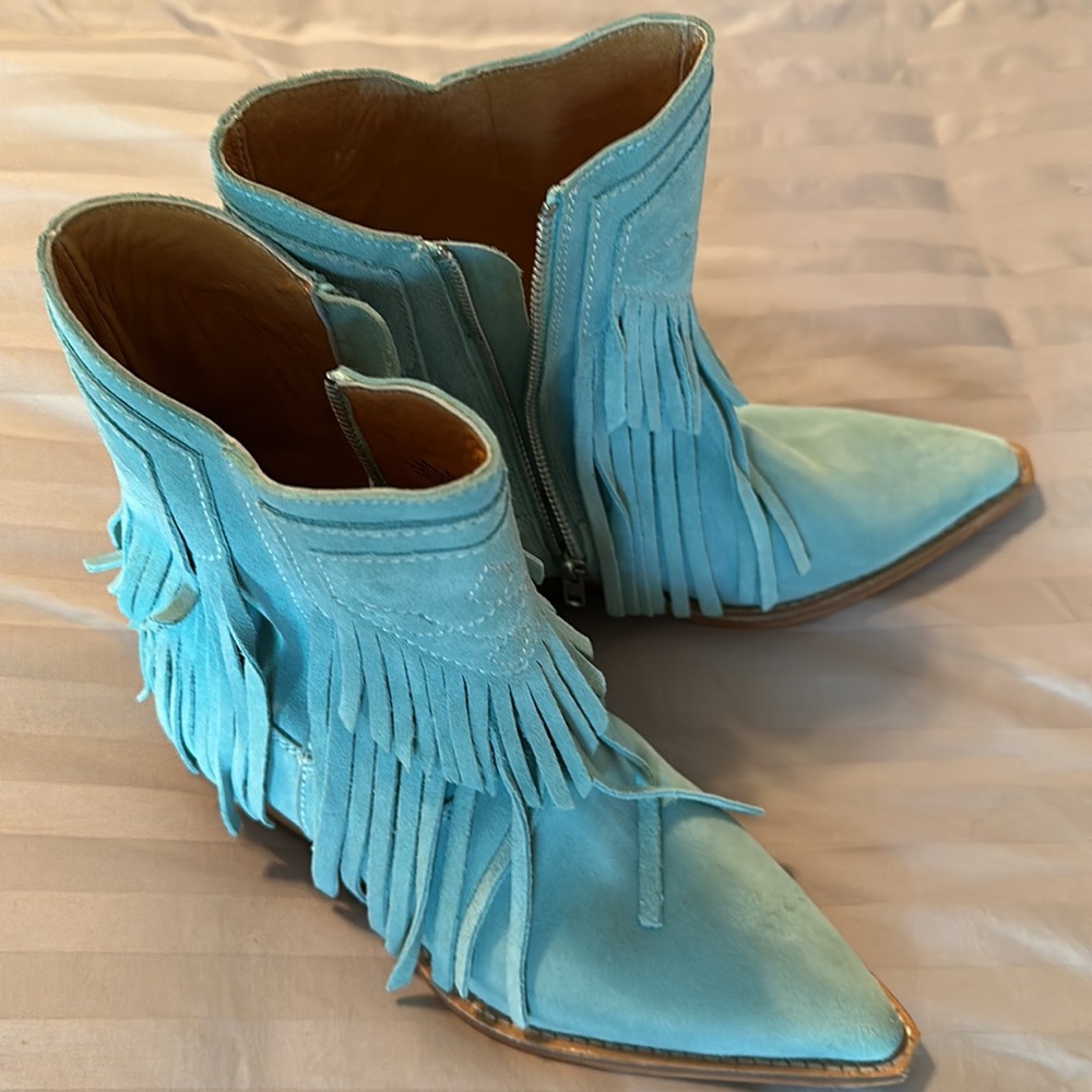 Free People Lawless Fringe Weatern Boots, light turquoise sz 37